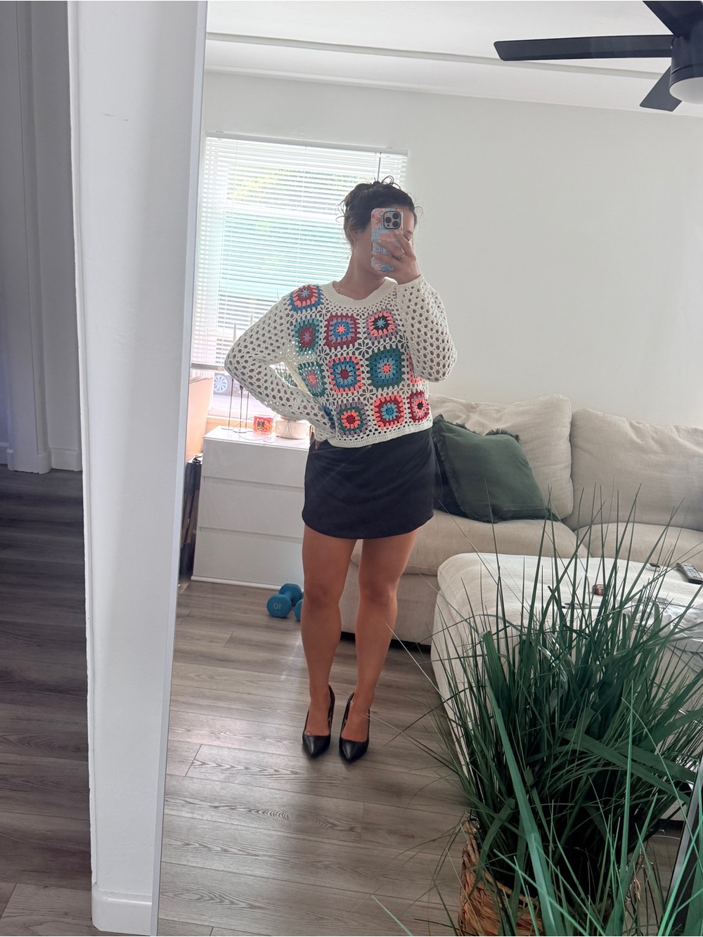 Aqua White Crochet Sweater with Multicolor Granny Squares